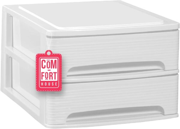 COM-FORT HOUSE | Cajonera Apilable de Plástico | Modelo Lineas | Color Blanco| Modelo de 2 Cajones | Cajones de Almacenamiento Modular