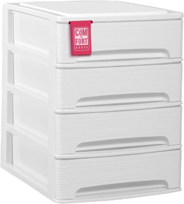 COM-FORT HOUSE | Cajonera Apilable de Plástico | Modelo Lineas | Color Blanco| Modelo de 4 Cajones | Cajones de Almacenamiento Modular