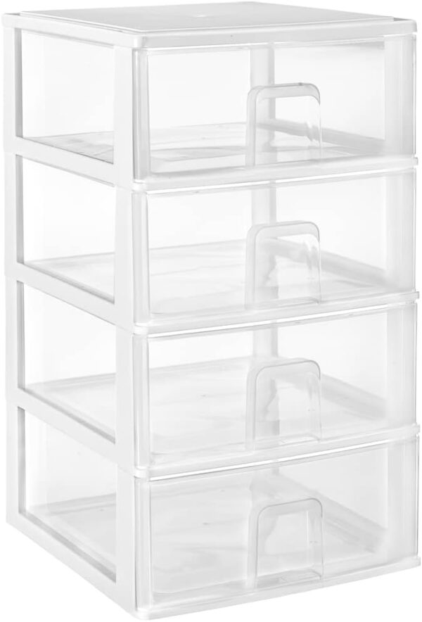 COM-FORT HOUSE | Cajonera Apilable de Plástico | Modelo Transparente | Color Blanco | Modelo de 4 Cajones | Cajones de Almacenamiento Modular