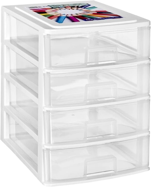 COM-FORT HOUSE | Cajonera Apilable de Plástico | Modelo Transparente | Color Blanco | Modelo de 4 Cajones | Cajones de Almacenamiento Modular