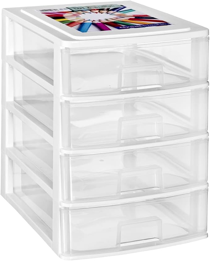 COM-FORT HOUSE | Cajonera Apilable de Plástico | Modelo Transparente | Color Blanco | Modelo de 4 Cajones | Cajones de Almacenamiento Modular