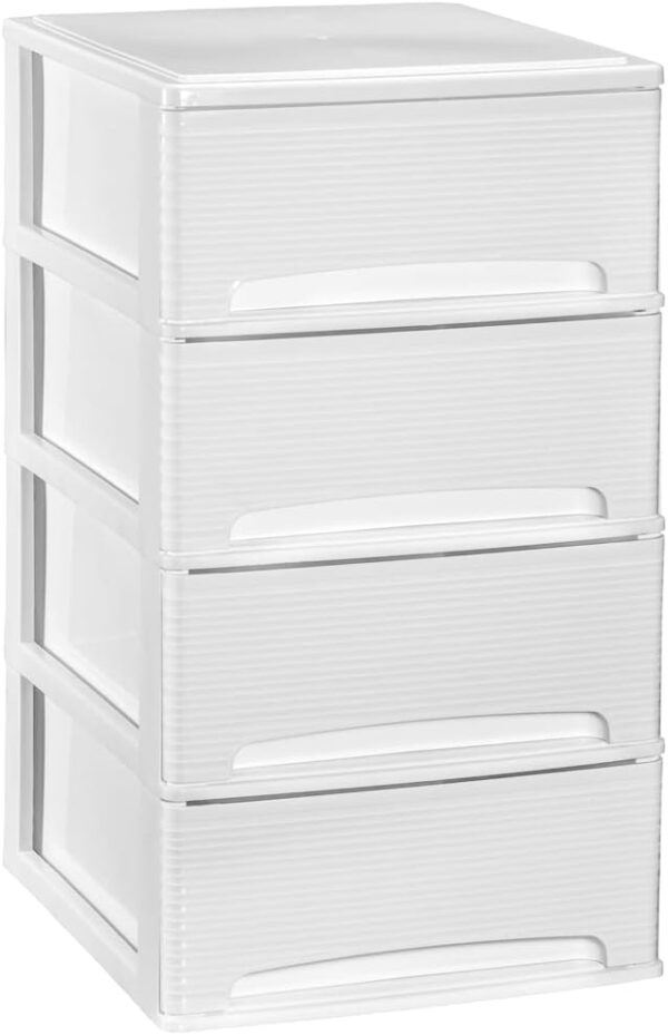 COM-FORT HOUSE | Cajonera Apilable de Plástico | Modelo Lineas | Color Blanco | Modelo de 4 Cajones | Cajones de Almacenamiento Modular
