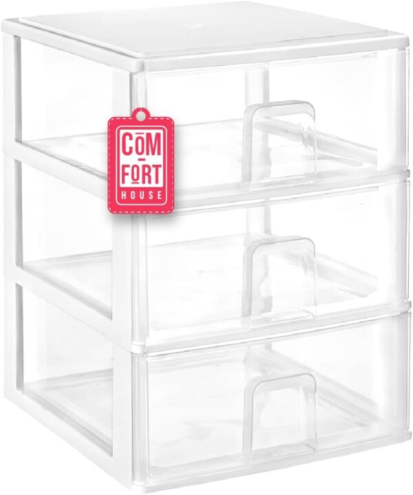 COM-FORT HOUSE | Cajonera Apilable de Plástico | Modelo Transparente | Color Blanco | Modelo de 3 Cajones | Cajones de Almacenamiento Modular