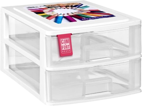 COM-FORT HOUSE | Cajonera Apilable de Plástico | Modelo Transparente | Color Blanco | Modelo de 2 Cajones | Cajones de Almacenamiento Modular