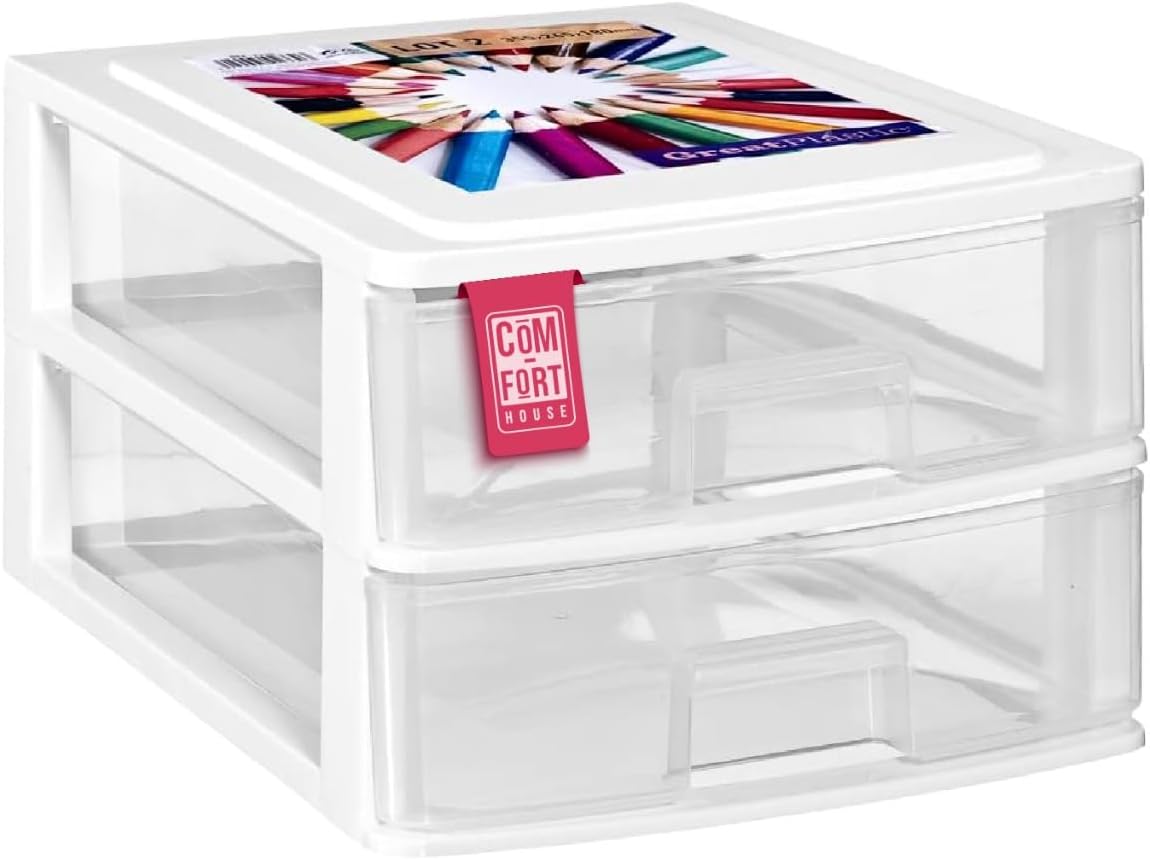 COM-FORT HOUSE | Cajonera Apilable de Plástico | Modelo Transparente | Color Blanco | Modelo de 2 Cajones | Cajones de Almacenamiento Modular