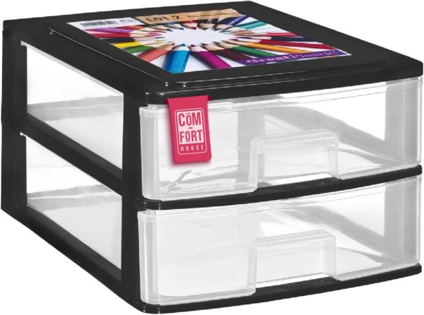 COM-FORT HOUSE | Cajonera Apilable de Plástico | Modelo Transparente | Color Negro | Modelo de 2 Cajones | Cajones de Almacenamiento Modular
