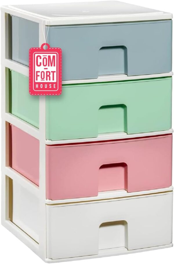 COM-FORT HOUSE | Cajonera Apilable de Plástico | Modelo Multicolor | Color Blanco | Modelo de 4 Cajones | Cajones de Almacenamiento Modular