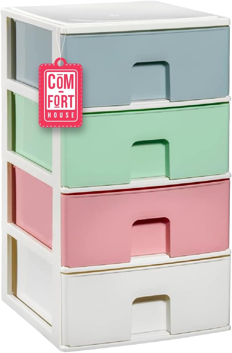 COM-FORT HOUSE | Cajonera Apilable de Plástico | Modelo Multicolor | Color Blanco | Modelo de 4 Cajones | Cajones de Almacenamiento Modular
