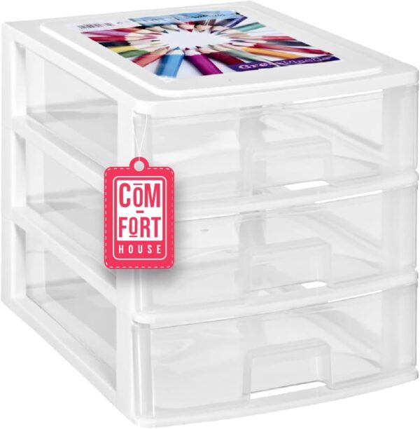 COM-FORT HOUSE | Cajonera Apilable de Plástico | Modelo Transparente | Color Blanco | Modelo de 3 Cajones | Cajones de Almacenamiento Modular