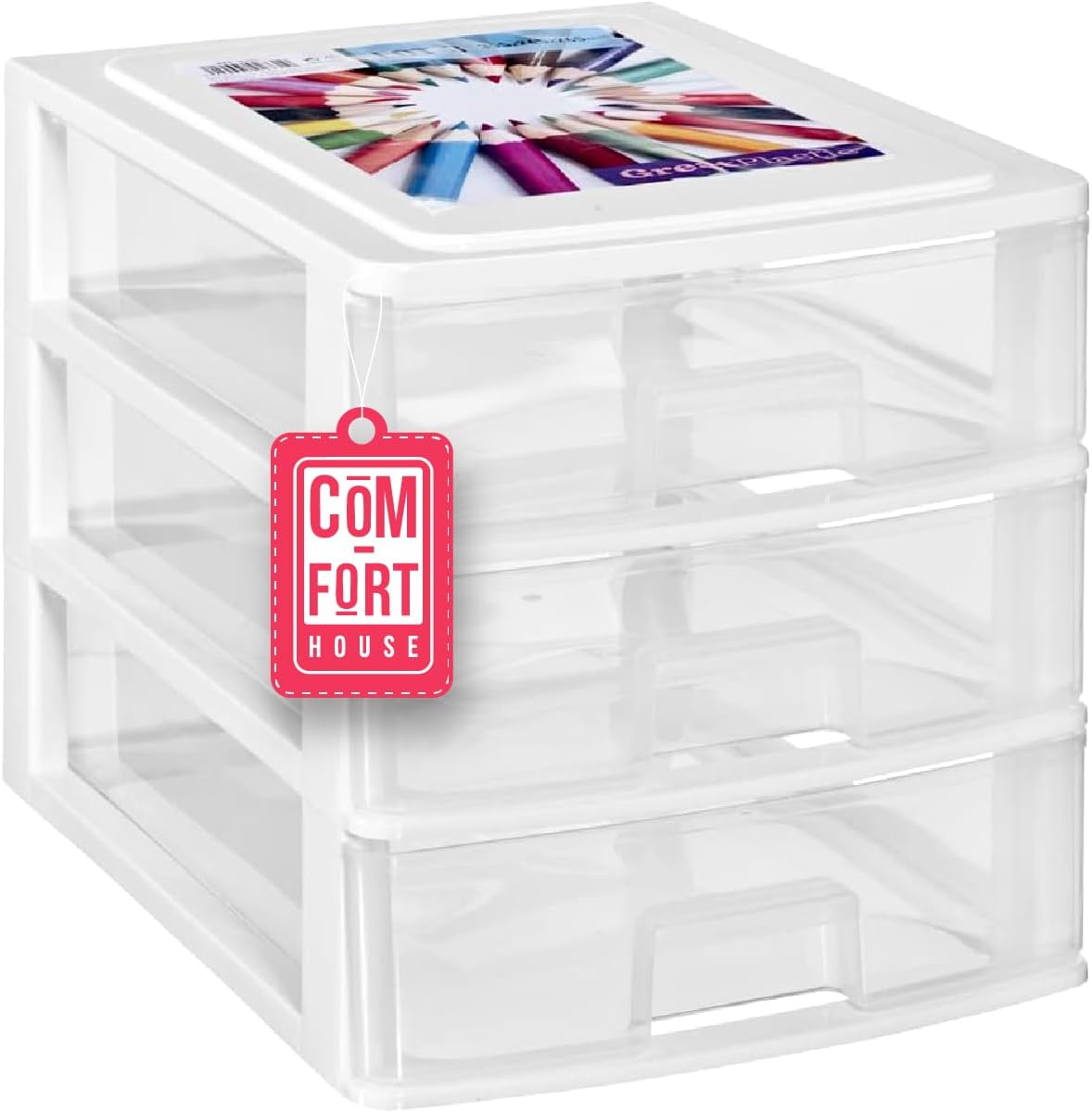 COM-FORT HOUSE | Cajonera Apilable de Plástico | Modelo Transparente | Color Blanco | Modelo de 3 Cajones | Cajones de Almacenamiento Modular