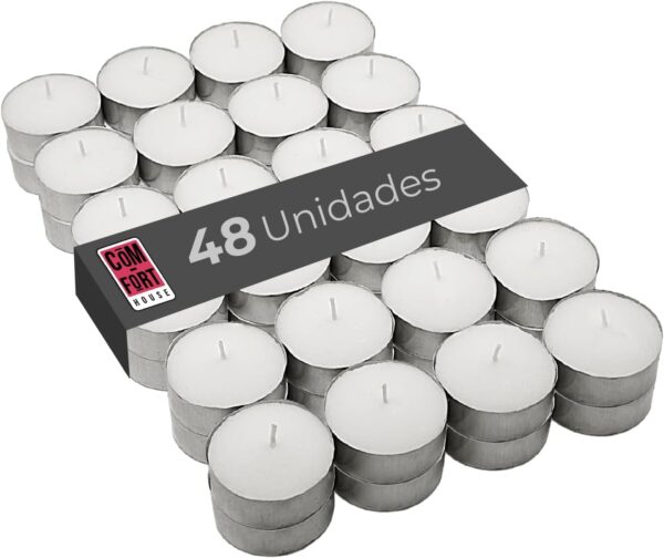 COM-FORT HOUSE- Velas Blancas | Pack velas de 48 Unidades | Velas de Té Calientaplatos | Tealight | 9 Horas de Duración | Velas Decorativas Sin Perfume |