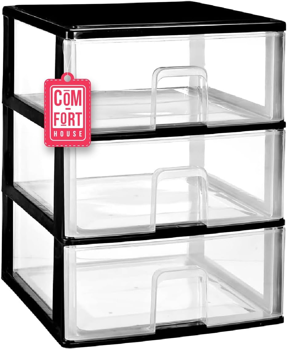 COM-FORT HOUSE | Cajonera Apilable de Plástico | Modelo Transparente | Color Negro | Modelo de 3 Cajones | Cajones de Almacenamiento Modular