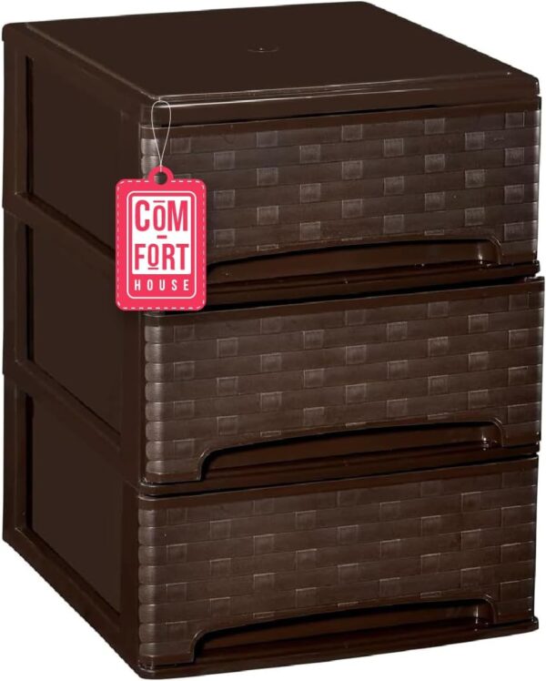 COM-FORT HOUSE | Cajonera Apilable de Plástico | Modelo Bambu | Color Wengue | Modelo de 3 Cajones | Cajones de Almacenamiento Modular