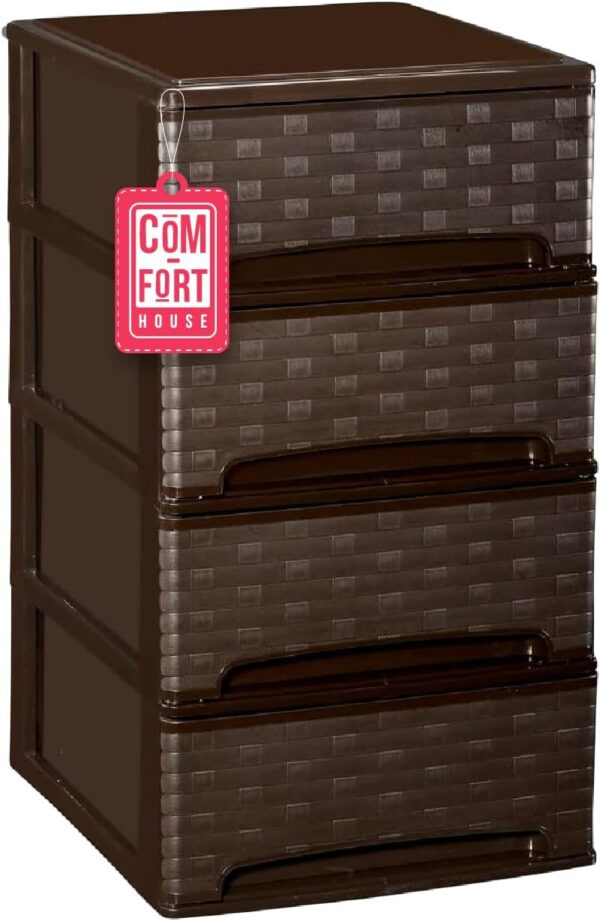 COM-FORT HOUSE | Cajonera Apilable de Plástico | Modelo Bambu | Color Wengue | Modelo de 4 Cajones | Cajones de Almacenamiento Modular
