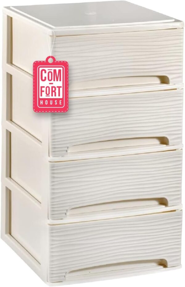 COM-FORT HOUSE | Cajonera Apilable de Plástico | Modelo Ondas | Color Blanco Roto | Modelo de 4 Cajones | Cajones de Almacenamiento Modular