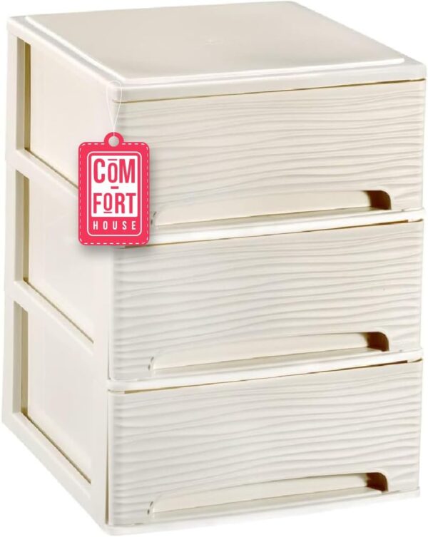 COM-FORT HOUSE | Cajonera Apilable de Plástico | Modelo Ondas | Color Blanco Roto | Modelo de 3 Cajones | Cajones de Almacenamiento Modular