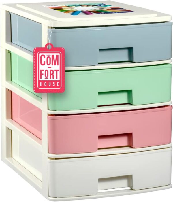 COM-FORT HOUSE | Cajonera Apilable de Plástico | Modelo Multicolor | Color Blanco | Modelo de 4 Cajones | Cajones de Almacenamiento Modular