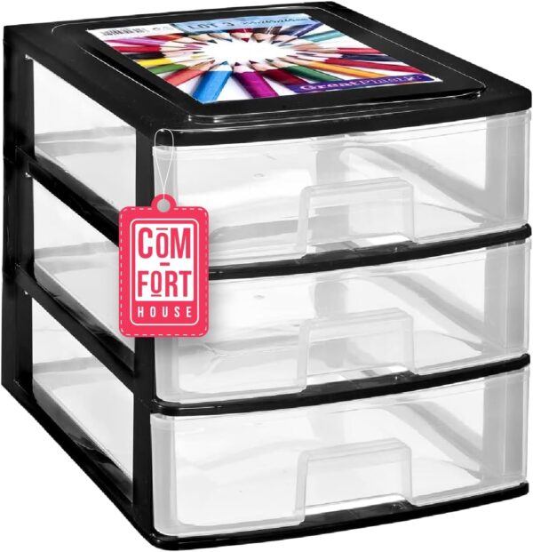 COM-FORT HOUSE | Cajonera Apilable de Plástico | Modelo Transparente | Color Negro | Modelo de 3 Cajones | Cajones de Almacenamiento Modular