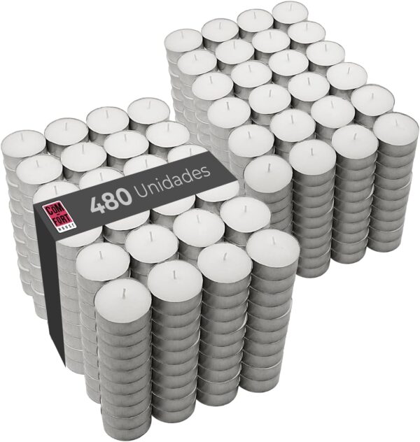 COM-FORT HOUSE- Velas Blancas | Pack velas de 480 Unidades | Velas de Té Calientaplatos | Tealight | 9 Horas de Duración | Velas Decorativas Sin Perfume |