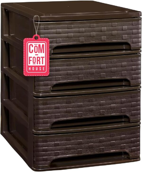 COM-FORT HOUSE | Cajonera Apilable de Plástico | Modelo Bambú | Color Wengue | Modelo de 4 Cajones | Cajones de Almacenamiento Modular