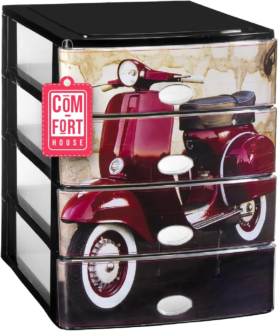 COM-FORT HOUSE | Cajonera Apilable de Plástico | Modelo Moto | Color Negro| Modelo de 4 Cajones | Cajones de Almacenamiento Modular
