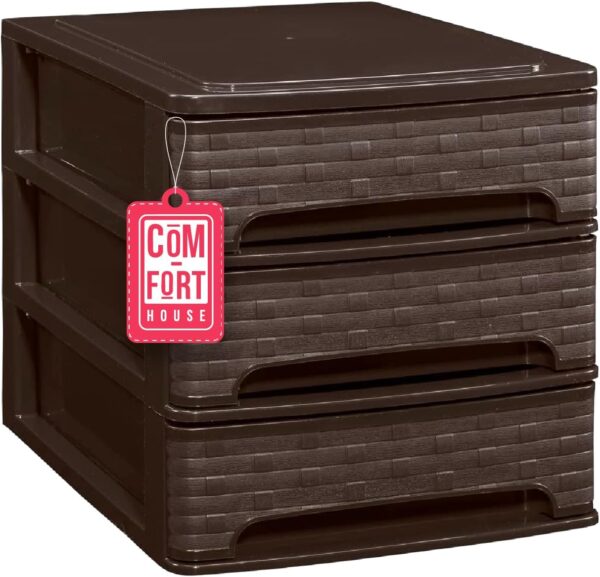 COM-FORT HOUSE | Cajonera Apilable de Plástico | Modelo Bambú | Color Wengue| Modelo de 3 Cajones | Cajones de Almacenamiento Modular