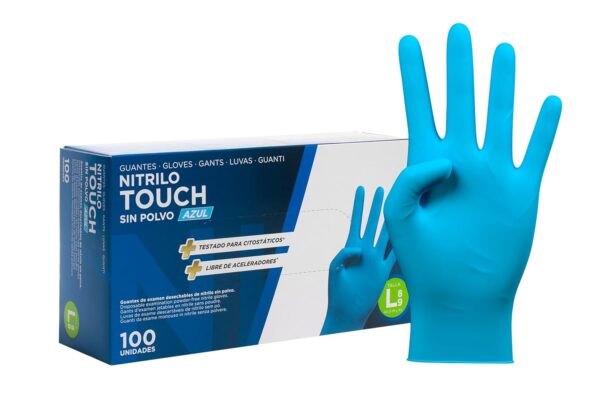 COM-FORT HOUSE - Guantes nitrilo desechables - Color Azul- Colección Touch - Guantes de Látex sin Polvo - Disponible en tallas L, 100und