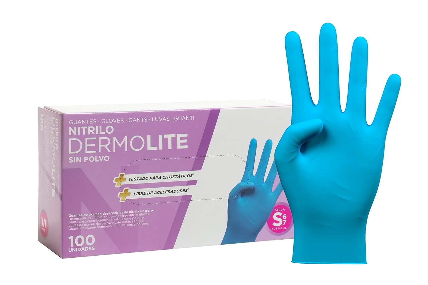 COM-FORT HOUSE - Guantes nitrilo desechables - Color Azul- Colección Dermolite - Guantes de Látex sin Polvo - Disponible en tallas S, 100und